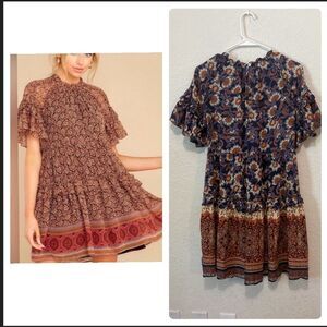 Olivaceous Prairie Dress Brown Blue Floral Flutter sleeves Size Small
